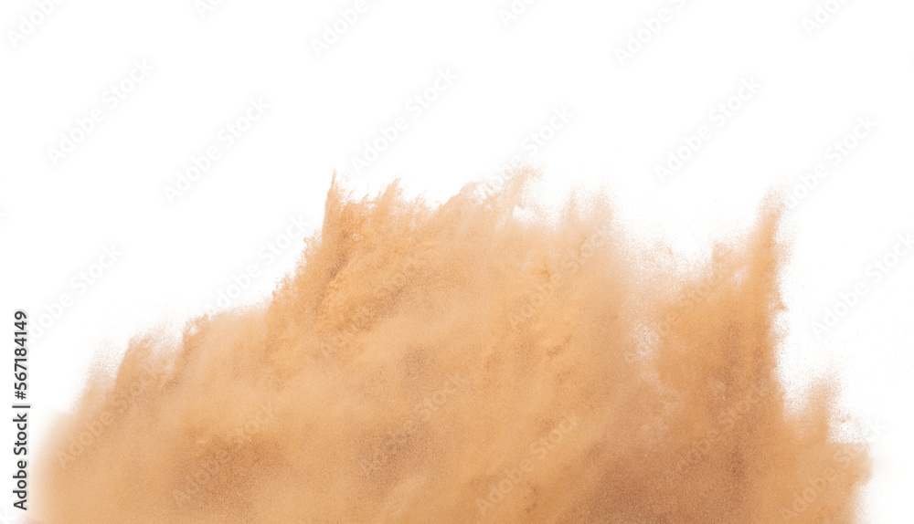 Wall mural Blur Defocus image of Small Fine Sand flying explosion, Golden grain wave explode blow. Abstract sands cloud. Yellow colored sand splash up in Air. White background Isolated high speed shutter freeze