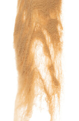 Fototapeta na wymiar Small size fine Sand flying explosion, Golden grain wave explode. Abstract cloud fly. Yellow colored sand splash silica in Air. White background Isolated high speed shutter, throwing freeze shot