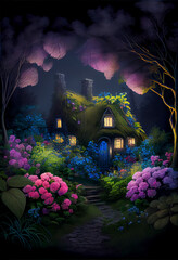 Thatched fairy cottage in an enchanted forest with many flowers trees, and gardens
