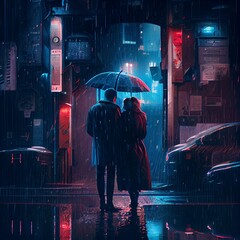 Couple in rain by night, generative ai