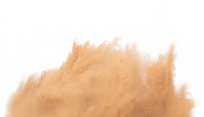 Blur Defocus image of Small Fine Sand flying explosion, Golden grain wave explode blow. Abstract sands cloud. Yellow colored sand splash up in Air. White background Isolated high speed shutter freeze