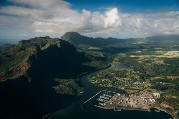 Naklejka premium Lihue, Kauai Hawaii , USA - sep 2022 Aerial view of Nawiliwili Bay and Kalpaki Beach