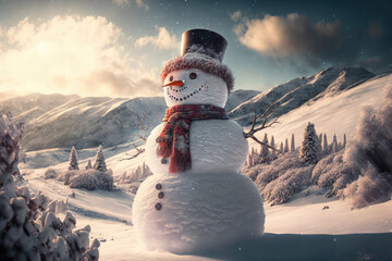 Panoramic view of a snowman surrounded by a wondrous winter landscape, generative ai