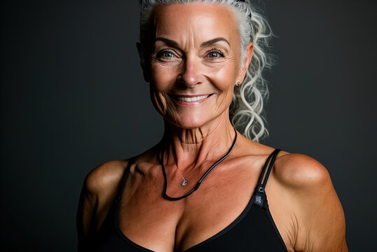 Attractive 65 Year Old Senior Woman, Making Up And Posing, Isolated On Studio Background. Ai Generated