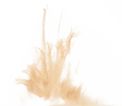 Small Fine size Sand flying explosion, Golden grain wave explode. Abstract cloud fly. Yellow colored sand splash throwing in Air. White background Isolated high speed shutter, throwing freeze stop