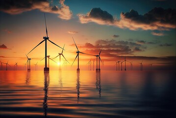 Offshore wind turbines in a calm sea at sunset. Ai generated.