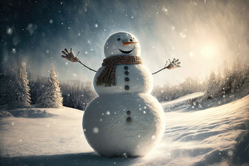 Obraz premium Stunning panoramic view of a merrily dancing snowman in a winter wonderland, generative ai