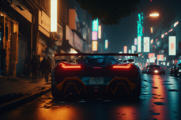 Sports car driving in city at night. Generative AI