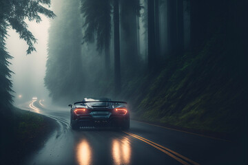 Fototapeta na wymiar Sports car driving through misty forest. Generative AI