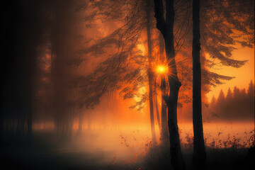 The setting sun illuminates the misty woods with a warm orange light, generative ai