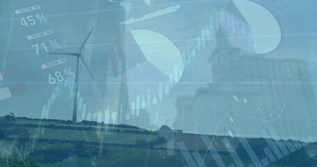 Animation of financial data processing over wind turbine - Powered by Adobe