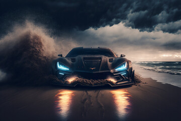 Obraz na płótnie Canvas Sports car on beach at night. Generative AI