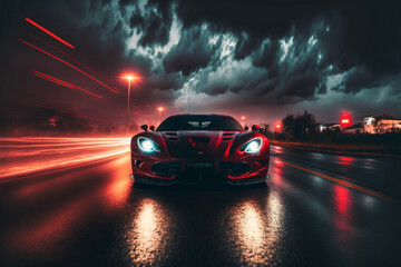 Fototapeta na wymiar Sports car driving in night. Generative AI