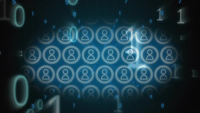 Animation of binary coding and data processing over icons
