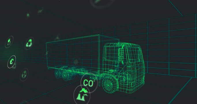 Animation of eco icons and data processing over 3d car technical drawing - Powered by Adobe
