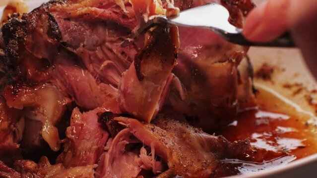 Roasted pork knee on dish, traditional czech republic food, German pulled pork.