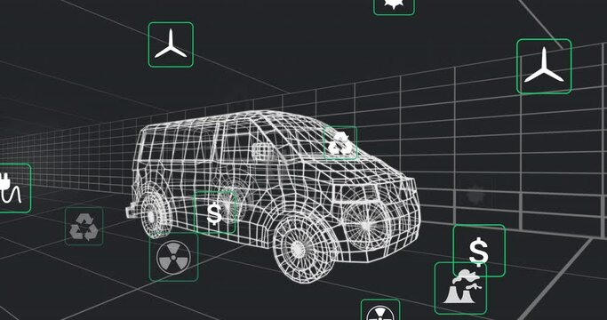 Animation of eco icons and data processing over 3d car technical drawing - Powered by Adobe
