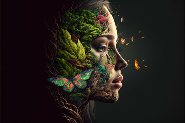 Mother nature concept seamlessly merged with beautiful face portrait of a young woman. Ai generated - obrazy, fototapety, plakaty
