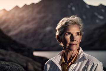 Senior woman scientist in sunlight, environmental ecologist, mountain in distance. Generative AI.