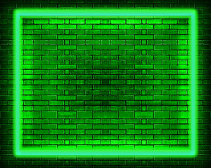 green neon light rectangle against brick wall copy space,3D illustration