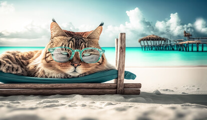 Cat wearing sunglasses relaxing sitting on deckchair in the sea background. vacation and travel concept. digital art, generative ai	