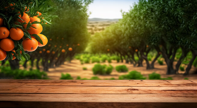 Empty wood table with free space over tangerine trees, orange field background. For product display montage. digital art