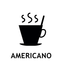 Americano black icon. Hot drink in mug on plate. Beverage and ytasty liquid. Cafe or restaurant menu. Advertising poster or banner for website. Cartoon flat vector illustration