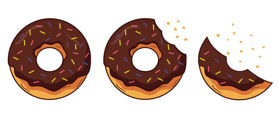 Chocolate donut. Eat pink doughnut. Sequence steps of process. Vector flat 