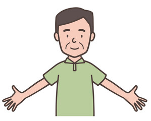 笑顔で両手を広げている中年男性