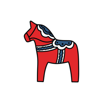 dala horse doodle icon, vector color line illustration