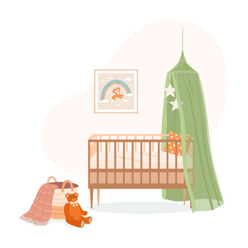 Interior of children's room. Baby wooden cradle with green boho canopy, basket with blanket, teddy bear, fox painting. Vector illustration in cartoon style on white isolated background. Side view.