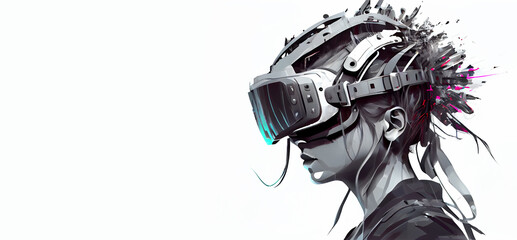 Beautiful woman wearing the VR experience isolated on white.Generative AI