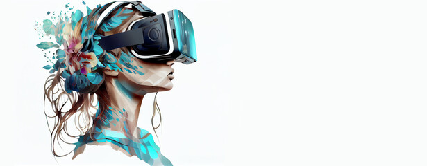 Beautiful woman wearing the VR experience isolated on white.Generative AI