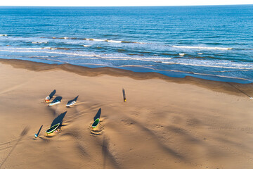 aerial view of the beach of Valencia with boats in the sand, Spain