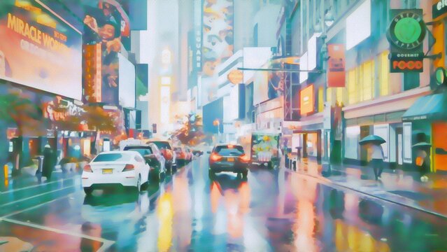 Big city at night. New York Street. Art Painting