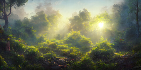 Fototapeta na wymiar Morning in the forest, dreamy magical concept art