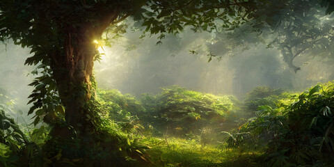 Sun rays through the dreamy forest, beautiful art
