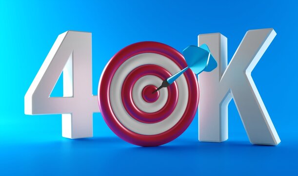 40K Text Followers with small dartboard on white background. 40 000 followers background. Congratulating networking thanks, net friends abstract image, customers. 3d rendering. 40k 3d text.