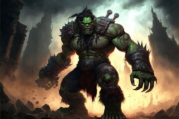  orc from World of warcraft universe fantasy style Defending the Dark Portal in Blasted Lands, generative ai	