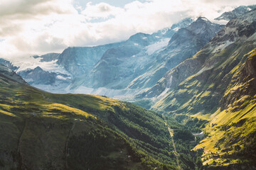 Valley in the alps surrounded by mountains in summer near Zermatt in Switzerland