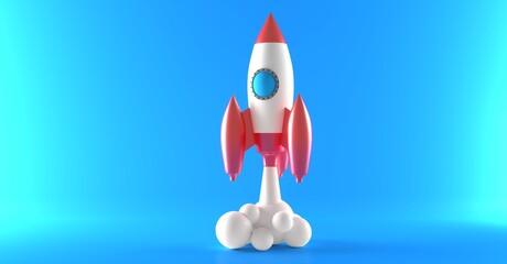 3D Rocket launch on blue background, Spaceship icon, startup business concept. 3d rendering.

