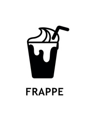 Frappe black icon. Sticker for social networks and messengers. Coffee with milk. Dessert and delicacy, tasty and aroma liquid, beverage. Poster or banner for website. Cartoon flat vector illustration