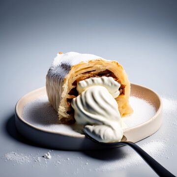 Delicious apple strudel with sweet cream on plate