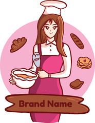 Cute chef bakery girl smiling in uniform welcoming and inviting his guests cartoon art illustration