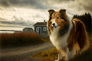  Old beautiful collie living on a cape cod style farm house in Scotland pet dog with a stunning show coat of hair, sitting in an open countryside farm in nice light . Image created with generative ai