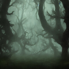 Fototapeta premium thick trees in the middle of the forest with fog