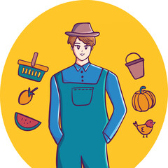 cute farmer man with garden tools illustration logo