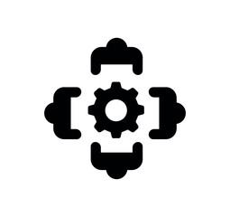 Business conference black icon. Overhead view of men near coghweel. Marketing research, poster or banner for website. Cooperation and collaboration, teamwork. Cartoon flat vector illustration