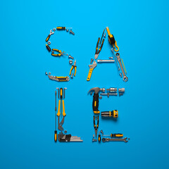 The "SALE" word laid out of construction tools. Creative 3d render illustration for design templates on engineering, construction, interior finishing, repair and maintenance themes.