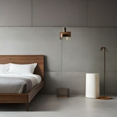 Minimalist bedroom with a gray platform bed and a white nightstand3, Generative AI